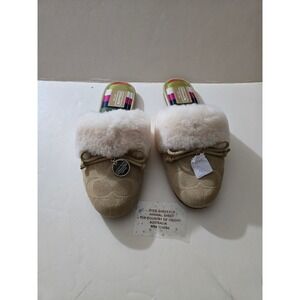 Coach Carra Sand Suede Signature C Embossed Sheep Fur Slippers Slides A0024 Sz 7